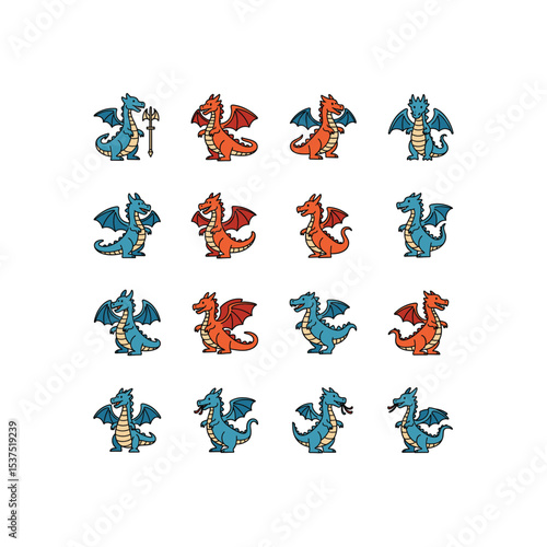 Fantasy Dragon Collection: A whimsical illustration showcasing an ensemble of cartoon dragons, each with its unique design and charming personality. Perfect for fantasy-themed projects.