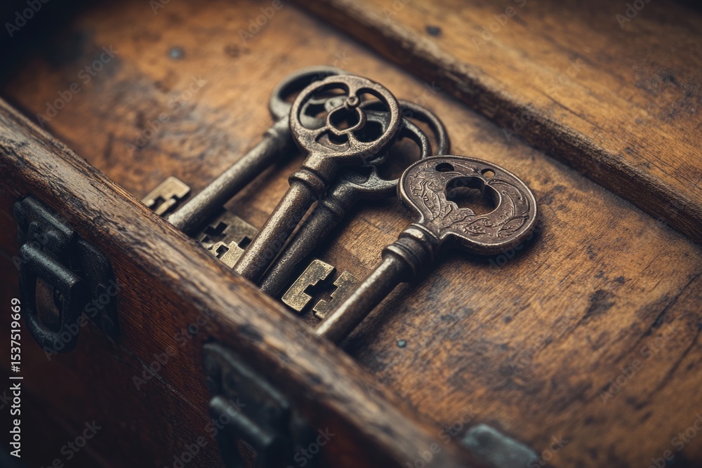 Three antique keys rest inside a weathered wooden box, hinting at secrets and forgotten stories. Three antique keys rest inside a weathered wooden box, hinting at secrets and forgotten stories.