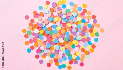 Vibrant confetti burst against soft pink backdrop evokes joyful celebration