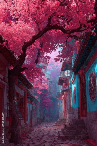 Cherry Blossom Tree Enhances the Charm of a Tranquil Street in an Old Village...