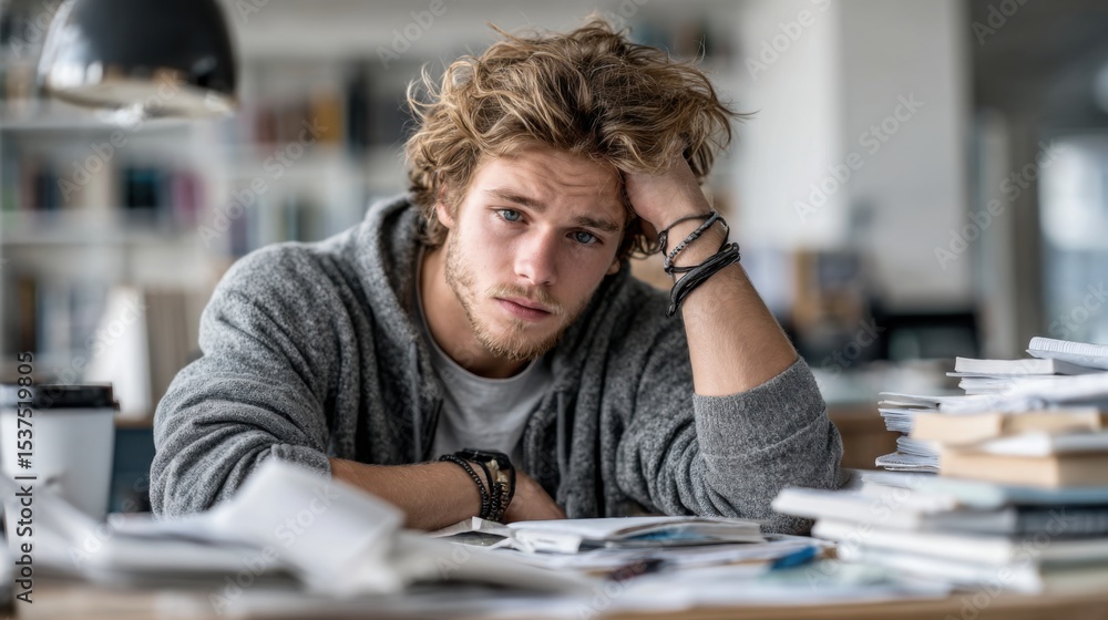 A young man sits at a cluttered desk in a contemporary library, looking stressed and tired. Books and papers are scattered around him as he tries to focus on studying. A young man sits at a cluttered desk in a contemporary library, looking stressed and tired. Books and papers are scattered around him as he tries to focus on studying.