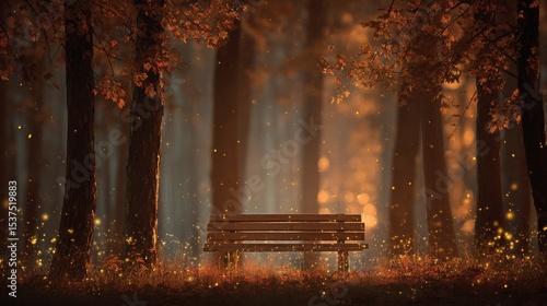 Golden Autumn Glow and a Wooden Bench in a Serene Forest Setting During Twilight