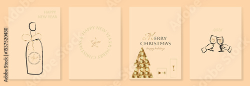 New Year and Merry Christmas set posters with christmas tree, prises, typography, cheers, champagne, star with golden elements
