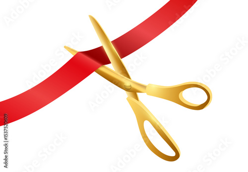 Grand opening ceremony. Golden scissors cutting red ribbon isolated on white background. Luxury event announcement, stage celebration, or business launch. Realistic vector illustration.