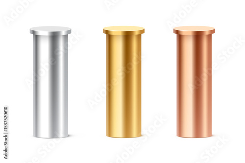 Metallic cylinder podium columns in silver, gold, and bronze colors. 3D cylindrical pedestal pillars for ranking, product display, award ceremony. Realistic vector illustration.