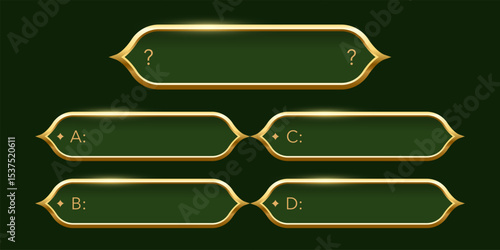 Quiz template. Trivia game layout. Question and answer green frames with golden border for TV show or social media. Multiple choice test. Abstract vector illustration.