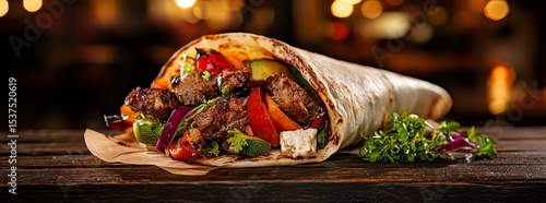 Delicious Wrap Filled With Grilled Meat and Fresh Vegetables Served on a Wood...