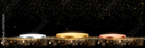 Gold, silver, and bronze award podiums on a sparkling black background. Shiny winner platforms for first, second, and third place with glitter and lights. Festive vector illustration.
