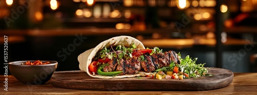 Delicious Grilled Meat Sandwich With Fresh Vegetables and Herbs on a Wooden B...