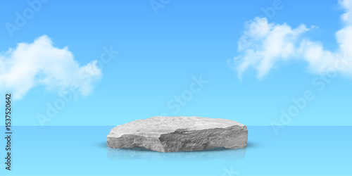Stone podium on sky background. Rock platform for product display or presentation scene with clouds and blue sky. Minimalistic natural pedestal. Abstract vector illustration