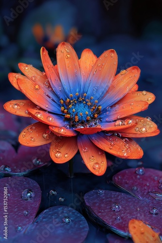 Beautiful Orange and Blue Flower With Water Droplets in a Serene Pond Environ...