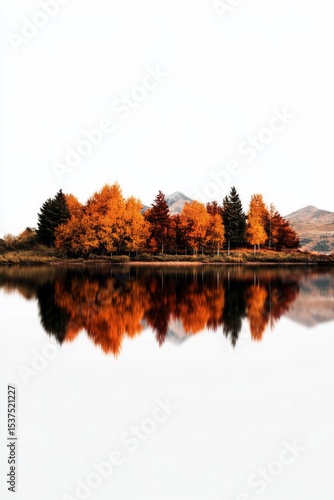 Reflections of Autumn Colors in a Tranquil Lake With Mountain Backdrop at Sun...
