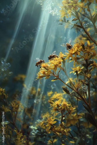 Bees Pollinating Vibrant Yellow Flowers in a Sunlit Forest Environment With S...
