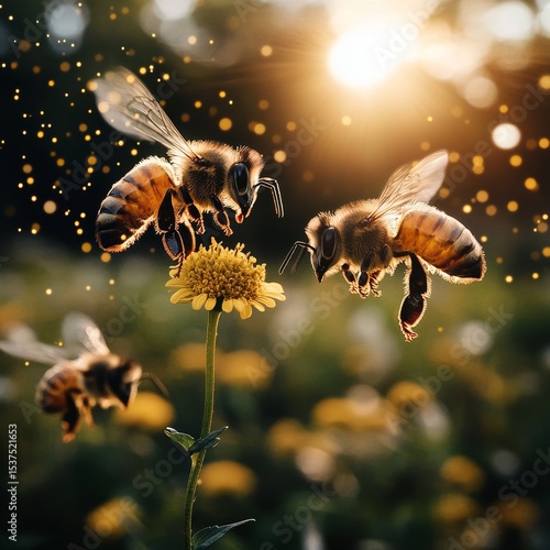 Bees Collect Pollen in a Sunlit Garden During Golden Hour in Springtime.
