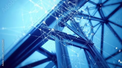 A composite image of a steel truss tower with delicate blueprint overlays illustrating joint fasteners and weld points