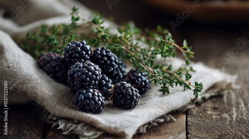 Fresh Blackberries and Thyme Beautifully Arranged on Rustic Wooden Surface
