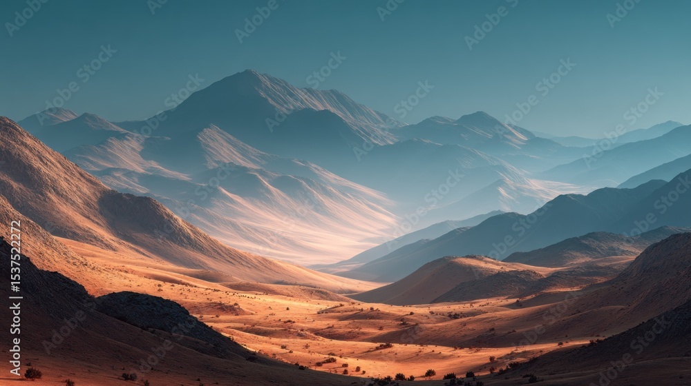 Fototapeta premium Majestic desert mountain range landscape with atmospheric blue haze view