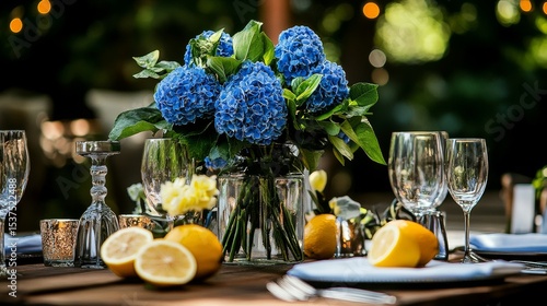 Elegant Dinner Table Setting With Blue Flowers and Fresh Lemons in a Serene R...