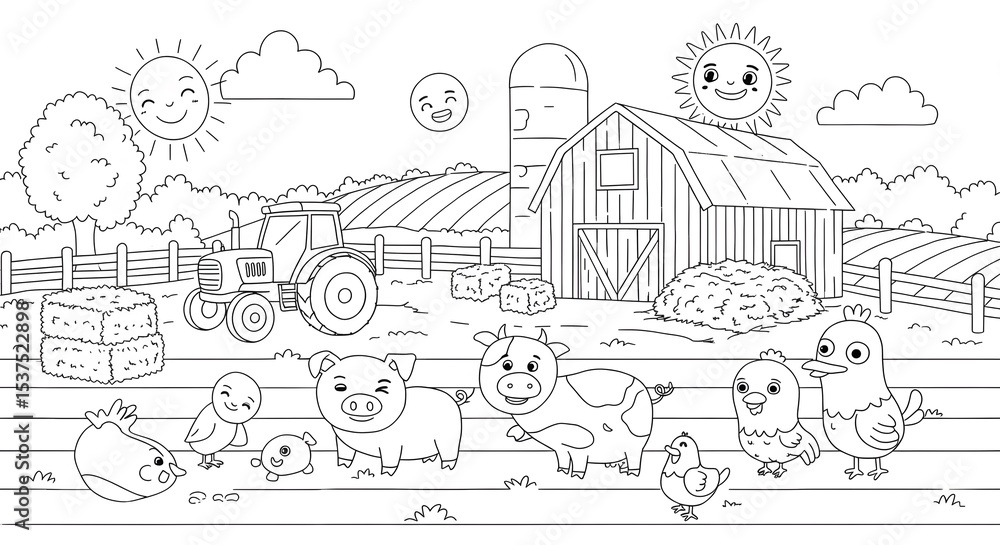 Fototapeta premium Charming Black and White Farm Scene with Playful Animals and Tractor, Perfect for Coloring Fun