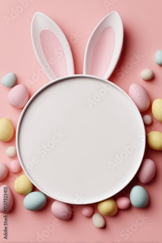 Circular White Sign Surrounded by Pastel Colored Candy on Pink Background for...