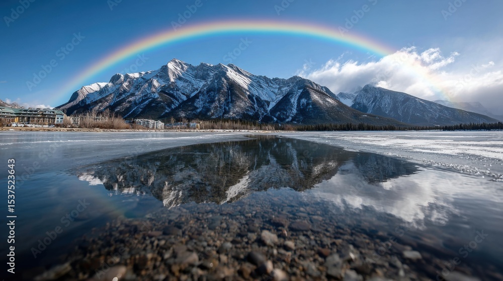 Obraz premium A vibrant rainbow stretches across a clear blue sky above snow-covered peaks. Reflections shimmer in the calm water below, creating a breathtaking winter landscape.