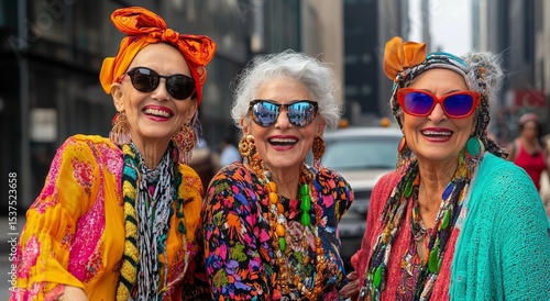 Chic Older Women Showcase Colorful Fashion Styles While Posing Outdoors in Br...