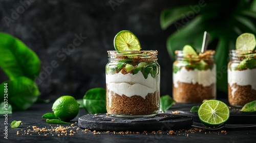 Delicious Dessert With Layers of Cream, Crust, and Lime Served in Jars on a D...