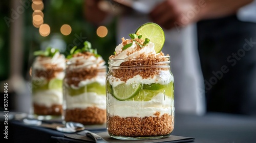 Delicious Dessert With Layers of Cream, Crust, and Lime Served in Jars on a D...