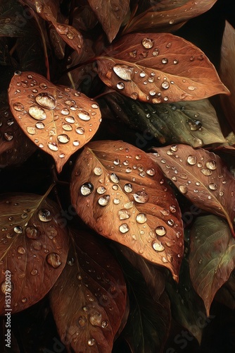 Raindrops Glisten on Autumn Leaves in a Forest During a Calm Morning.