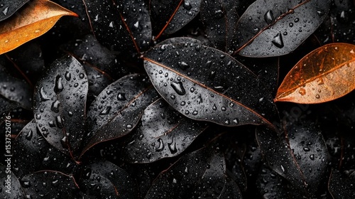Black and Orange Leaves Covered in Raindrops Resting on a Dark Surface in a N...