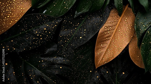 Black and Orange Leaves Covered in Raindrops Resting on a Dark Surface in a N...