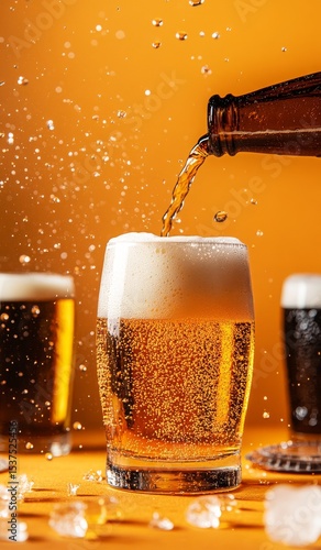 Pouring Golden Beer Into a Glass With Bubbles on a Bright Orange Background