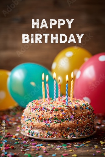 Celebrate a Joyful Birthday With a Colorful Cake and Festive Balloons in a Wa...