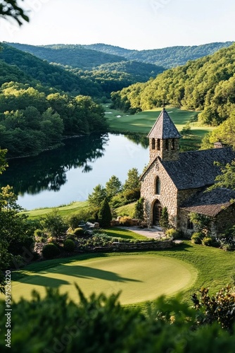 Stunning Stone Chapel Nestled by a Serene Lake With Rolling Hills in the Back...