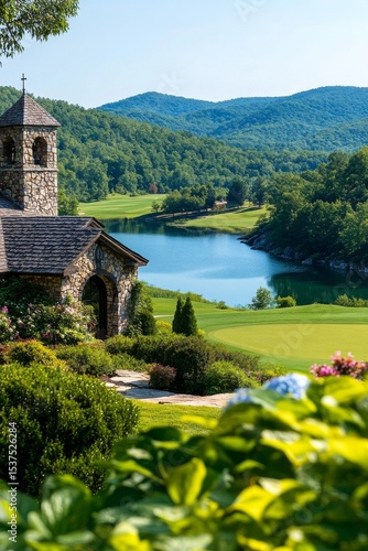 Scenic Green Landscape With a Stone Chapel and a Serene Lake at Sunset.