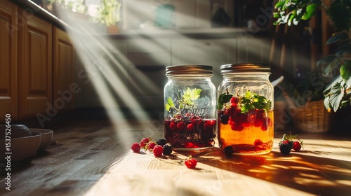 Bright Sunlight Streaming Through Kitchen Window Illuminating Jars of Fruit a...