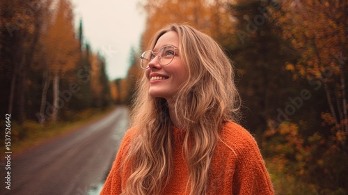 Woman Enjoying Autumn Scenery on a Forest Road With Colorful Foliage in Soft ...