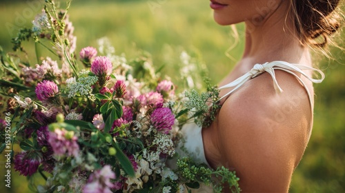 Woman Holds a Vibrant Bouquet of Wildflowers During Golden Hour in a Lush Gre...