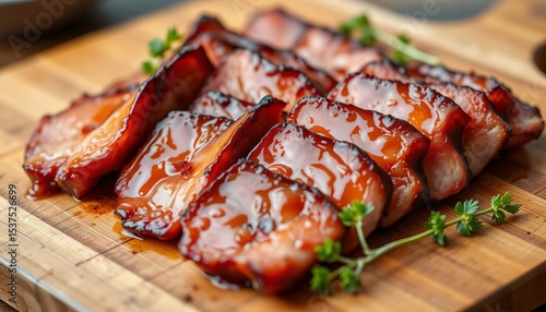 Glossy char siu pork slices arranged artfully on a wooden board,  chinese,  protein