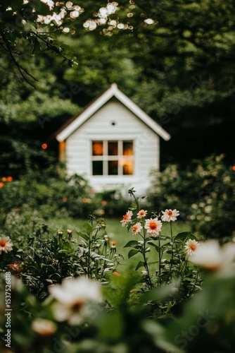 Cozy Garden View With Blooming Flowers and a Warm Cottage Glow During Twiligh...