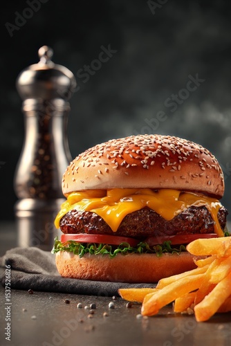 Juicy Cheeseburger With Sesame Seed Bun and Crispy Fries on Dark Wooden Table