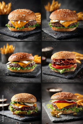 Burgers With Crispy Fries Served on a Black Table in a Casual Dining Setting.