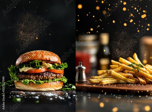 Delicious Burger With Fresh Vegetables and Crispy Fries on a Dark Background