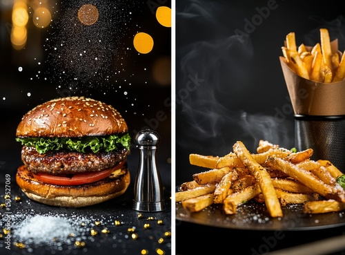 Juicy Hamburger With Crisp Lettuce and Tomato Served Alongside Steaming Fries...