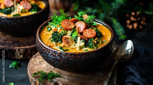 Delicious Sausage and Vegetable Soup Served in a Rustic Bowl Topped With Fres...