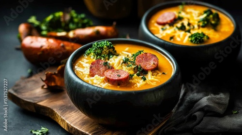 Delicious Sausage and Vegetable Soup Served in a Rustic Bowl Topped With Fres...