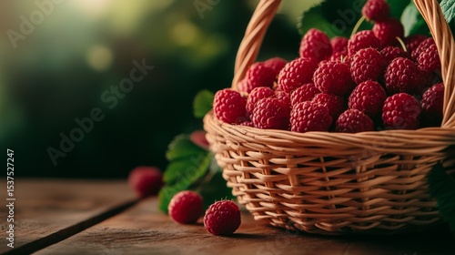Freshly Picked Raspberries in a Woven Basket on a Wooden Table Surrounded by ...