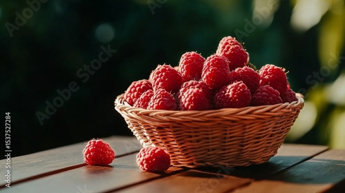 Fresh Raspberries in a Woven Basket Placed on a Wooden Table in a Sunny Garde...