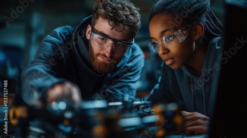 Collaborative engineers working on machinery in a well-lit workshop during evening hours