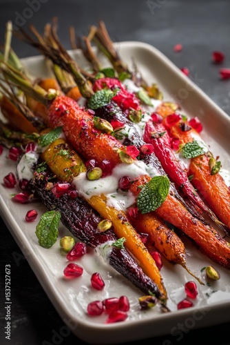 Colorful Roasted Carrots Topped With Yogurt and Pomegranate on a Rustic Woode...
